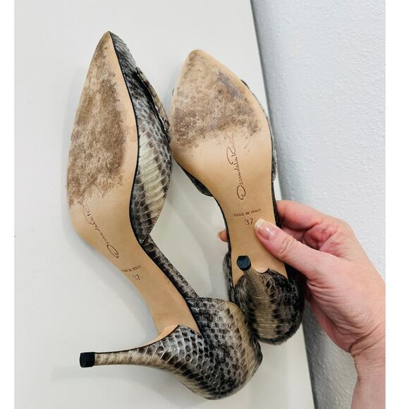 Oscar de la Renta Leather Snakeskin Front Bow Pointed Toe Heel 37 / 6.5 - Picture 12 of 14